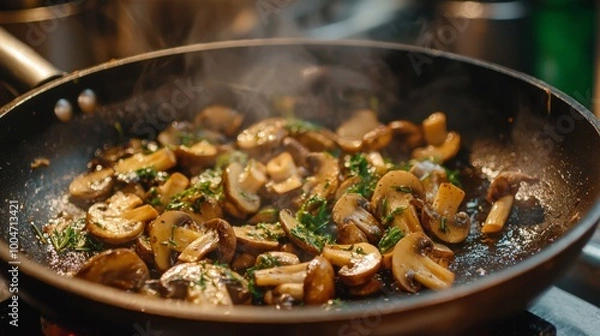 Fototapeta Cooking mushrooms in a sizzling pan with herbs. Delicious fried mushrooms in frying pan