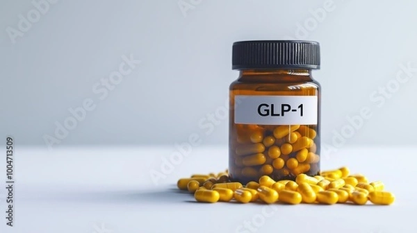 Fototapeta Amber bottle of GLP-1 capsules for advanced diabetes and obesity management, illustrating modern pharmaceutical intervention in metabolic health