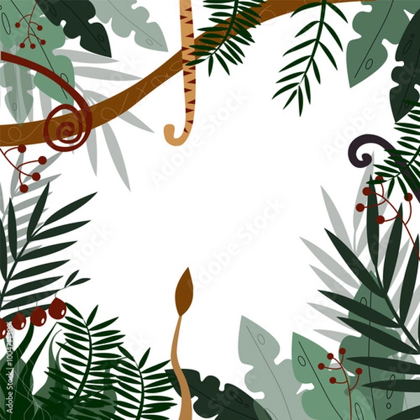 Fototapeta Vector jungle background with palm trees, exotic flora, tiger tail on white background