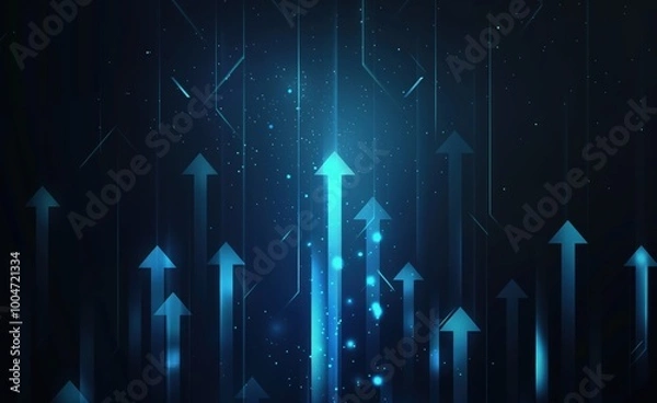 Fototapeta Blue background with many arrows pointing upwards. The arrows are in different sizes and are scattered throughout the image. Scene is one of growth and progress