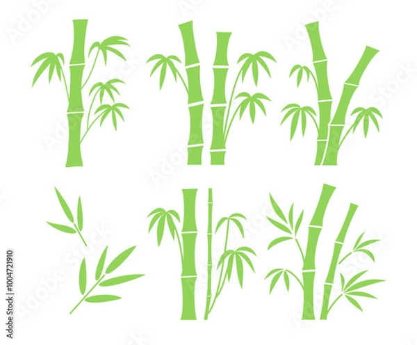 Fototapeta Bamboo trunks segments with branches and leaves set. Flat vector illustration isolated on white background.