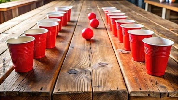 Fototapeta Classic red solo cups and beer pong table scattered with Ping-Pong balls and empty beer cans on a worn wooden fraternity house table.