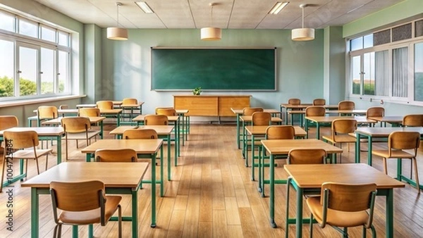 Fototapeta Empty classroom with wooden desks, chairs, and a blackboard, conveying a sense of curiosity and inquiry, awaiting students to ask questions and learn.
