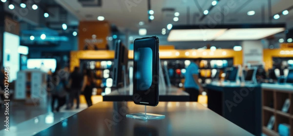 Fototapeta Modern Smartphone Showcase in Tech Store During Black Friday Sale with Discount Signs and Customers