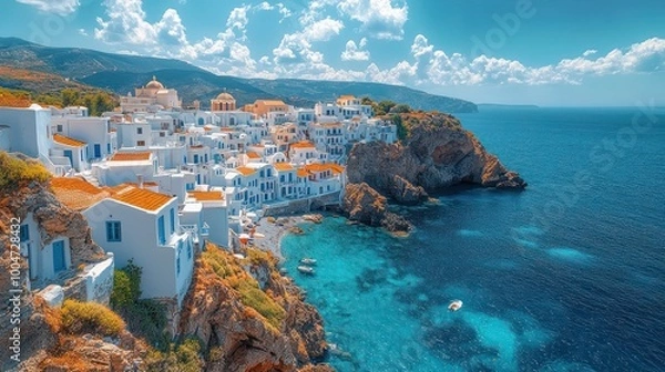 Fototapeta Aerial View of Charming Greek Village Chora on Hill – Panoramic Photo of Whitewashed Cycladic Architecture, Aegean Sea and Rocky Mediterranean Landscape Under Bright Summer Sky