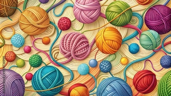Obraz Colorful vector illustration of vibrant knit patterns, swirling threads, and yarn balls in a creative composition on a neutral background with subtle texture.