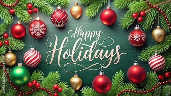 Fototapeta Vibrant red and green ornaments and garlands adorn a festive holiday background with bold, modern, white script font wishing happy holidays and merry christmas joys.