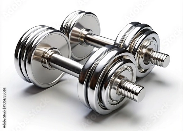 Fototapeta A pair of shiny chrome dumbbells isolated on a white background, with subtle shadows, highlighting their detailed texture and curves.