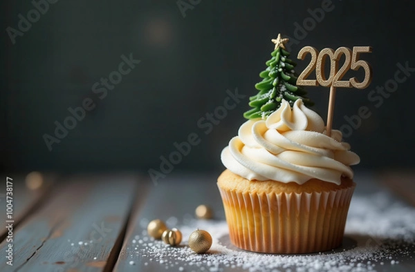Fototapeta Cupcake with cream and decoration in the form of a Christmas tree with the numbers "2025" on top
