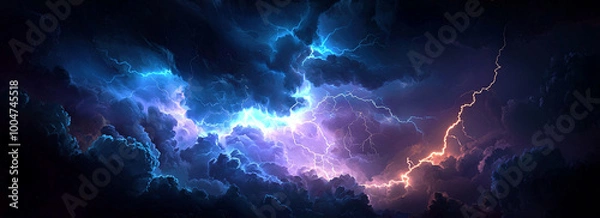 Fototapeta A high resolution image of a powerful thunderstorm, with intense lightning lighting up the night sky.