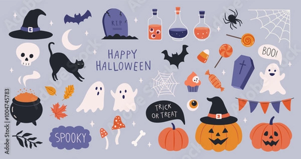 Fototapeta Halloween cute elements set pumpkins, ghosts, bat, tombstone, coffin, skull, candy, potion, bat, witch cauldron, black cat, bone, spider web, moon, cake etc. Cartoon flat style. Vector illustration