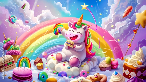 Obraz A unicorn sitting on top of a cloud surrounded by sweets and a rainbow