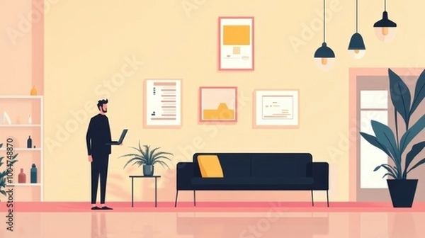Fototapeta Man working on laptop in a modern minimalist office with vibrant decor, creative workspace concept