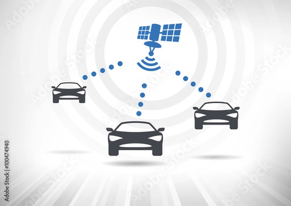Fototapeta Connected Cars. Concept with intelligent cars connected via satellite. Cars in front view. Fully scalable vector illustration.