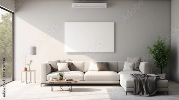 Fototapeta A modern living room featuring a sleek wall-mounted air conditioner above a comfortable sectional sofa, framed by large windows that let in ample natural light.
