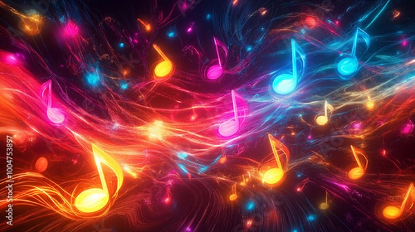 Fototapeta Glowing neon music notes in vibrant colors swirling across a dark background, representing the energy and rhythm of music, ideal for creative visuals, concerts, or musical events.