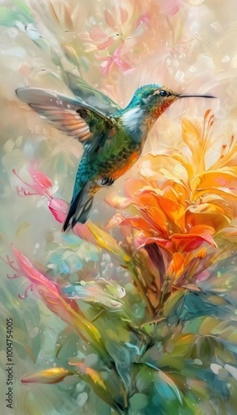 Fototapeta Hummingbird in Mid-Flight Feasting on Colorful Flowers, Blur of Wings Reflects Sunlight