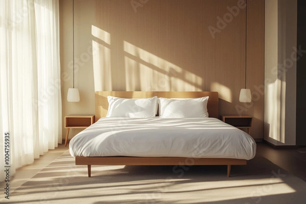 Fototapeta Luxury minimalist hotel room with large bed and day city view