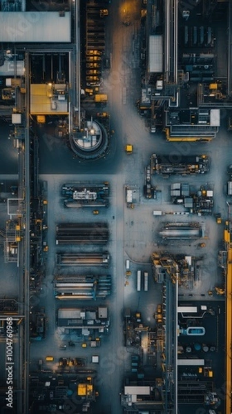Fototapeta Aerial view of an industrial complex with pathways and machinery during daylight hours