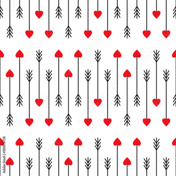 Fototapeta Cupid's arrows seamless pattern. Abstract arrows with red hearts illustration. Cute arrows background for Valentine's Day. Modern ethnic pattern with arrows.