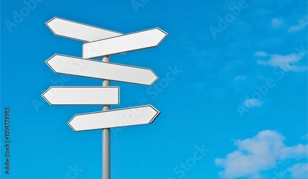 Fototapeta Image of a tall signpost with multiple blank directional arrows pointing different ways against a bright blue sky, symbolizing direction, choice, and possibilities.