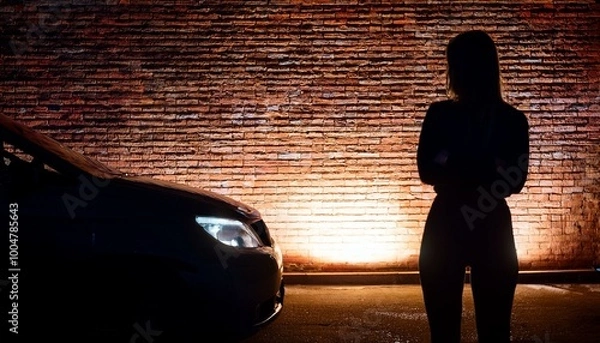 Obraz Silhouette einer Prostituierten in einer Gasse im Scheinwerferlicht eines Autos.