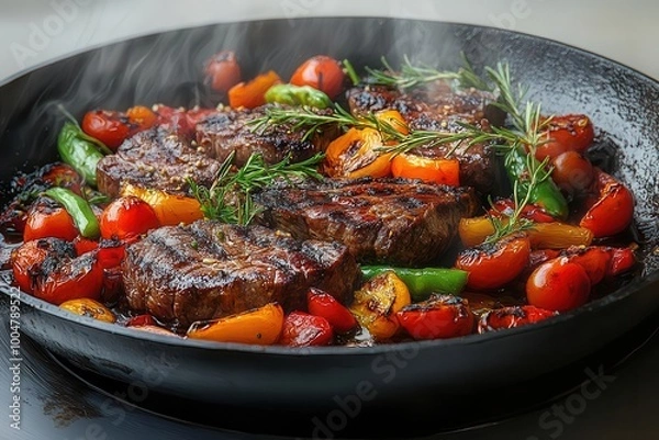 Fototapeta cooking beef steak with vibrant spices and fresh vegetables in a frying pan capturing the essence of grilling and barbecue culture in a detailed sketchstyle illustration