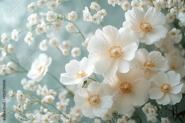 Fototapeta delicate white and gold flowers cascade across a soft background evoking elegance and romance this enchanting wedding invitation design exudes charm and sophistication