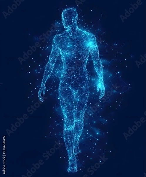 Fototapeta Abstract digital human body. Polygonal wireframe silhouette. Low poly anatomy blue background.