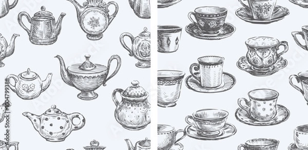 Fototapeta Seamless patterns of sketches  collection various vintage teapots and tea cups, hand drawn illustrations, vector backgrounds, wallpaper, paper