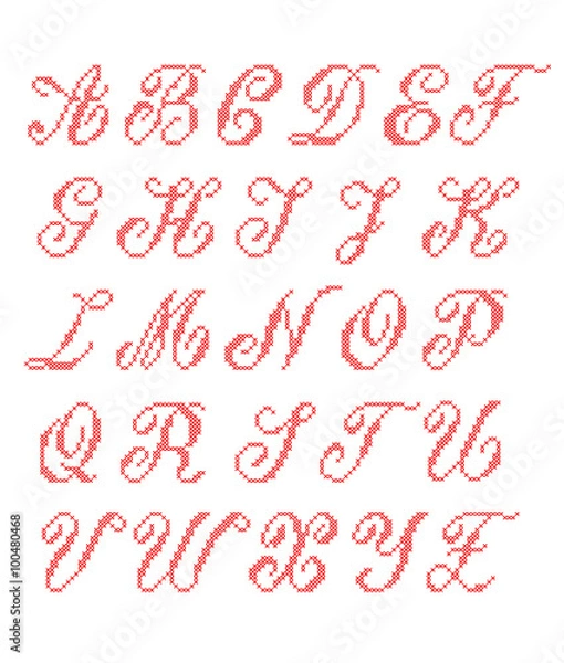 Obraz Cross Stitched Fonts. Latin alphabet for embroidery. Set Cyrilli
