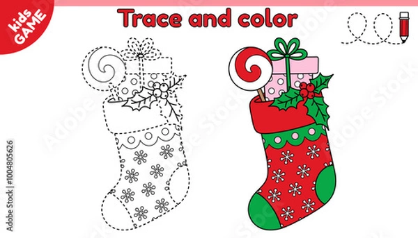 Fototapeta Kids educational game Tracing lines. Cartoon Christmas stocking with gift, candy, mistletoe. Trace and color. Handwriting practice worksheet for children. Writing and coloring page. Xmas sock. Vector.