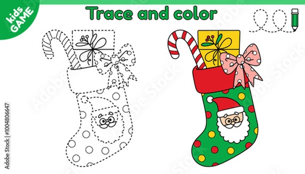Fototapeta Kids educational game Tracing lines. Cartoon Christmas stocking with gift, lollipop. Trace and color. Handwriting practice worksheet for children. Writing and coloring page. Holiday Xmas sock. Vector.