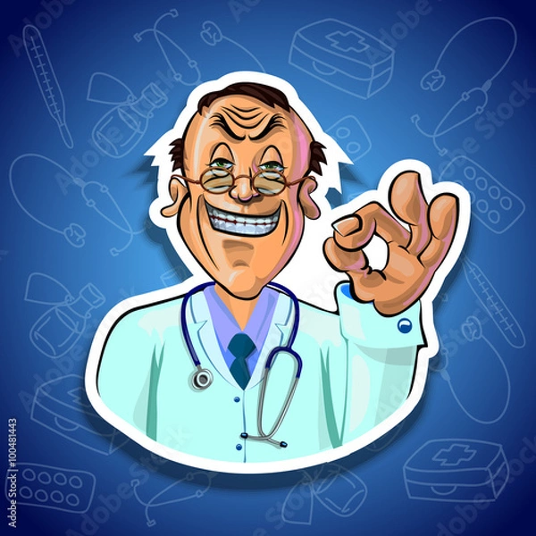 Fototapeta Vector illustration of smiling doctor showing OK sign