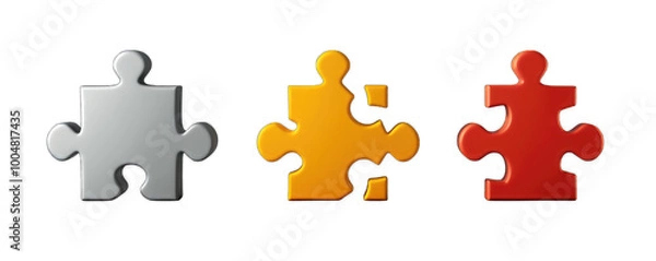 Fototapeta Three connected jigsaw puzzle pieces in different colors, symbolizing connection.