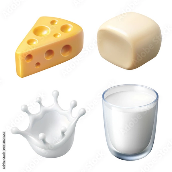 Fototapeta Dairy products isolated on a white background. Glass of milk, splashes of milk, white and yellow cheese. Realistic 3d vector in cartoon style