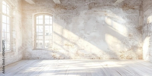 Fototapeta Empty sunlit room with large windows casting soft natural light onto the rustic walls and wooden floor, creating an airy and serene atmosphere. Concept of minimalism, architecture, and tranquility.

