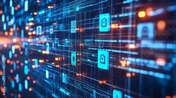 Obraz Digital Data Flow: A mesmerizing abstract representation of data flowing through a network of circuits and lines, illuminating the interconnectedness of information in the digital age.  
