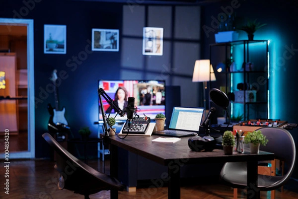 Fototapeta Vacant room with podcast equipment to record talk show at home. There are no people in the living room, used for online vlogging and broadcasting discussions using a microphone and sound production.