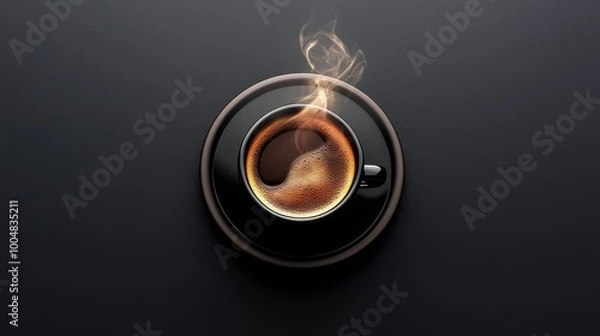 Fototapeta Hot steaming coffee in black cup on dark background, top view. Minimalist beverage and relaxation concept