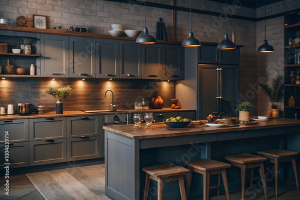 Fototapeta A modern kitchen interior featuring a grey color scheme, designed for both dining and cooking, complete with a mock-up wall.