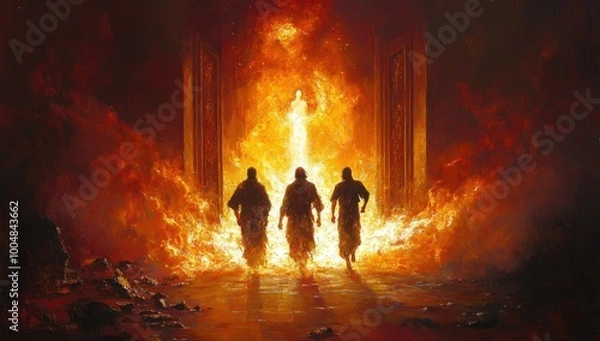 Fototapeta The Fiery Furnace With Shadrach, Meshach, and Abednego Amidst Flames
