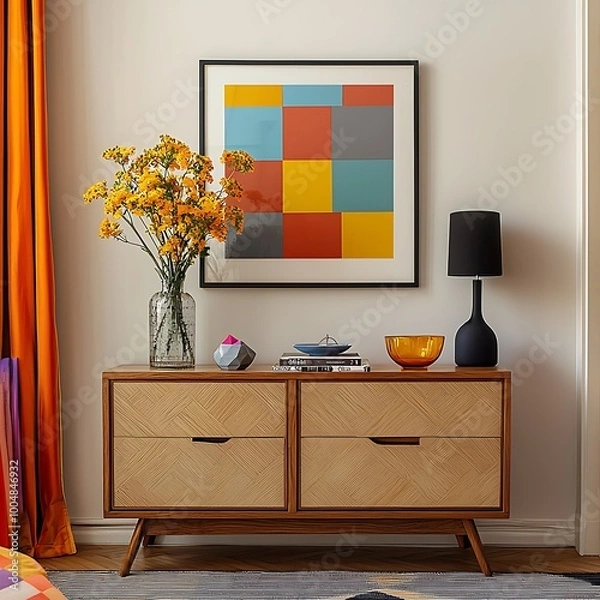 Fototapeta  Fresh blooms in bright orange and yellow sit atop a wooden sideboard, framed by geometric decor and a retro glass dish, creating a cheerful modern space. Mock up. 