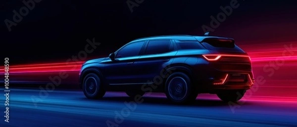 Fototapeta Modern SUV in Motion with Neon Light Trails