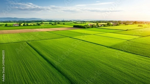 Fototapeta A large field of green grass with a few houses in the background