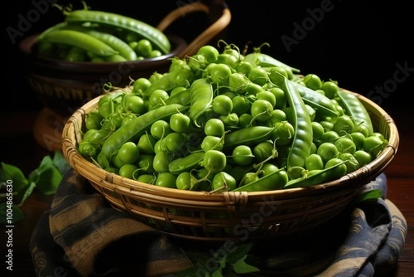 Fototapeta Conserved green peas in a wooden bowl. Fermented homemade food. Copy the space, generative IA