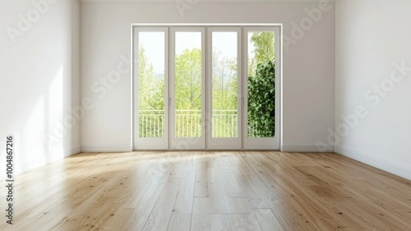 Fototapeta A large open room with a lot of natural light and a view of trees