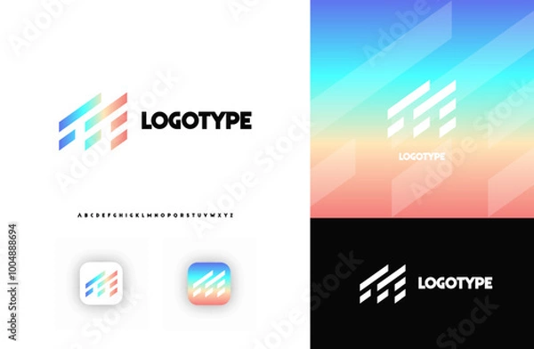 Fototapeta Bold diagonal stripes creating geometric shapes letter M logo for technology, finance, banking, cryptocurrency, corporate branding, architecture, construction, real estate. Vector illustration