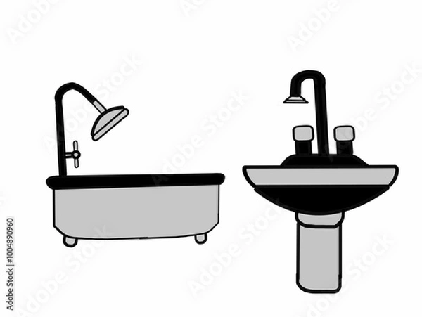Obraz A detailed illustration of a bathroom featuring a sleek black sink with a modern faucet and a bathtub equipped with a shower head. The overall aesthetic is clean and contemporary, with a color palette