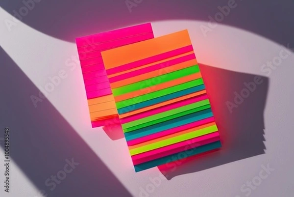 Fototapeta Bright Neon Stripes of Post-It Note Paper with Stunning Shadows and Bold Colors on an Isolated Background